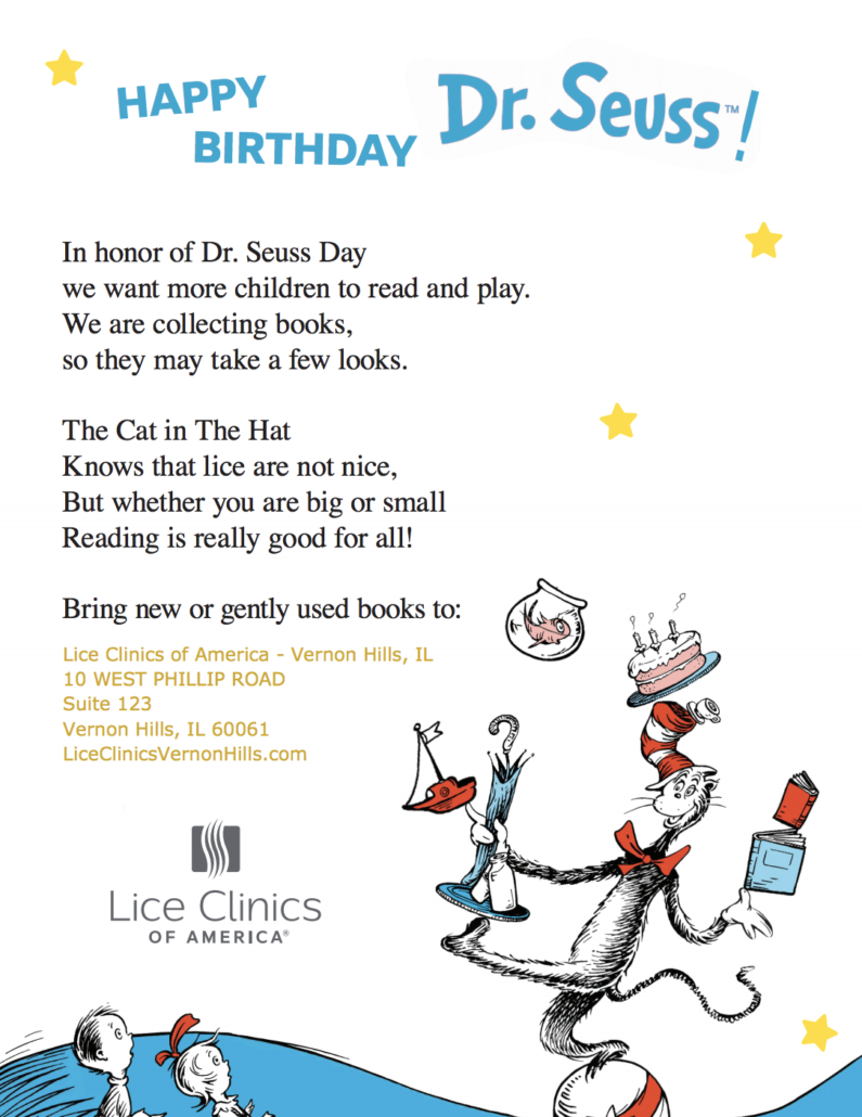 Lice Clinics of America Vernon Hills wishes Dr. Seuss a happy birthday with a book drive